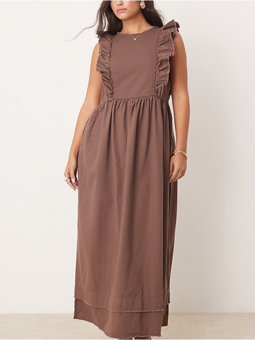 ASOS DESIGN high neck twill midi dress with frill shoulder detail brown 10 NWT